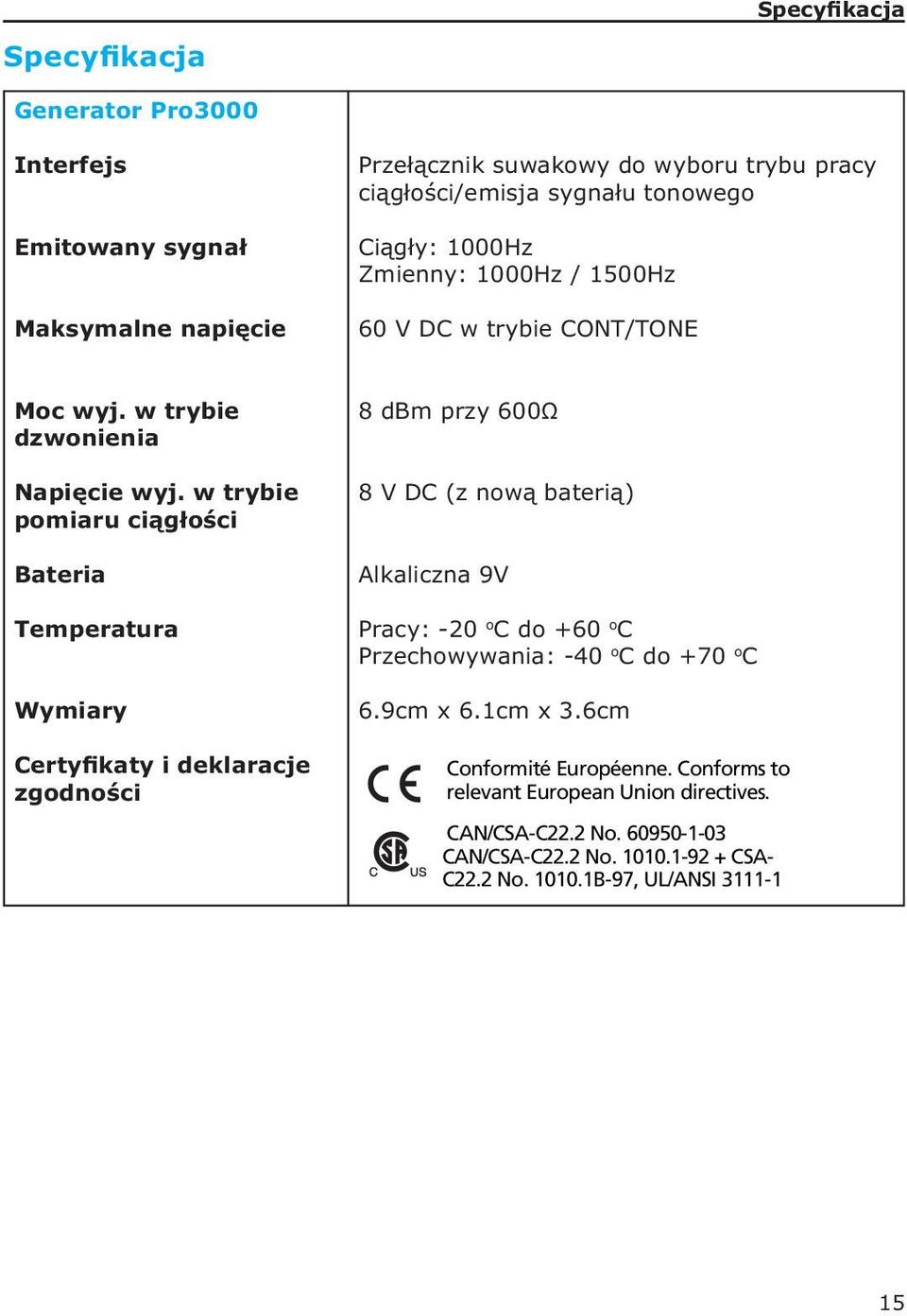 w trybie pomiaru ciągłości Bateria Temperatura Wymiary Certyfikaty i deklaracje zgodności 8 dbm przy 600Ω 8 V DC (z nową baterią) Alkaliczna 9V Pracy: -20 o C do +60 o C