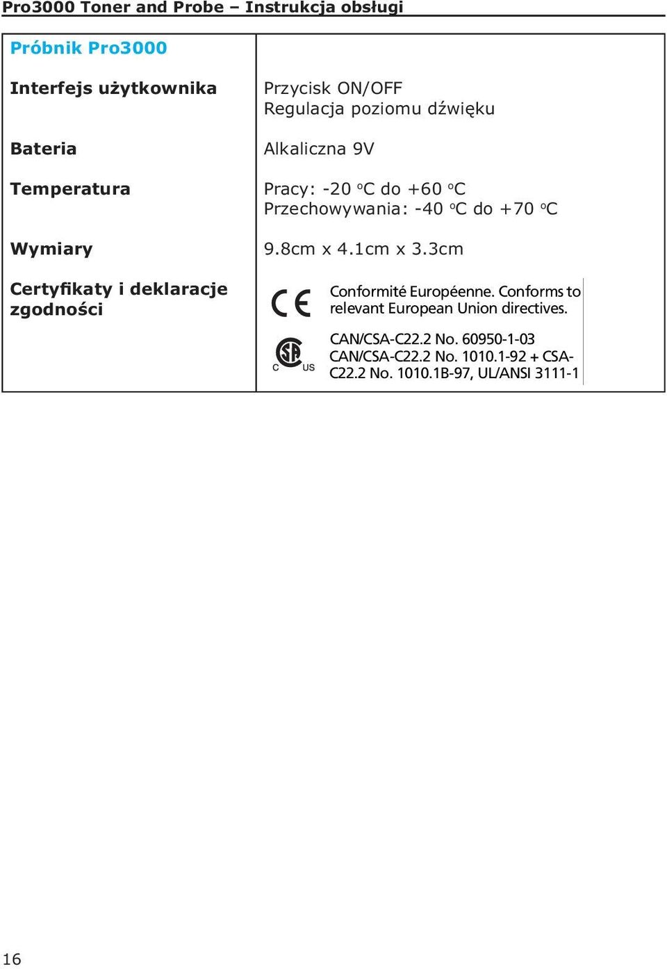 C Przechowywania: -40 o C do +70 o C 9.8cm x 4.1cm x 3.3cm Conformité Européenne.