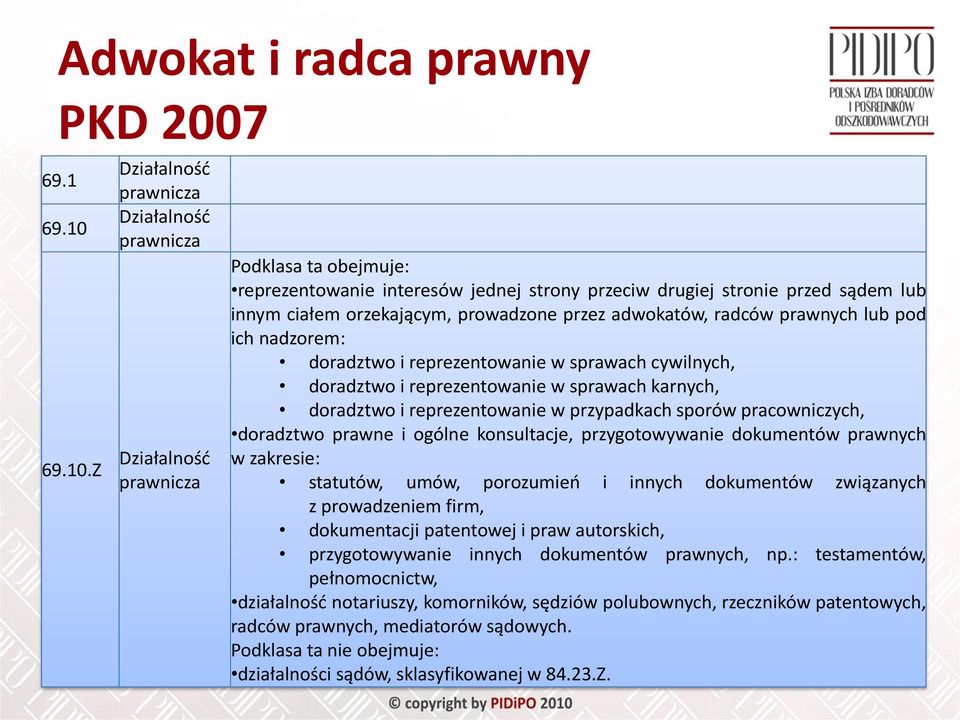 Z Działalność prawnicza Działalność prawnicza Działalność prawnicza Podklasa ta obejmuje: reprezentowanie interesów jednej strony przeciw drugiej stronie przed sądem lub innym ciałem orzekającym,