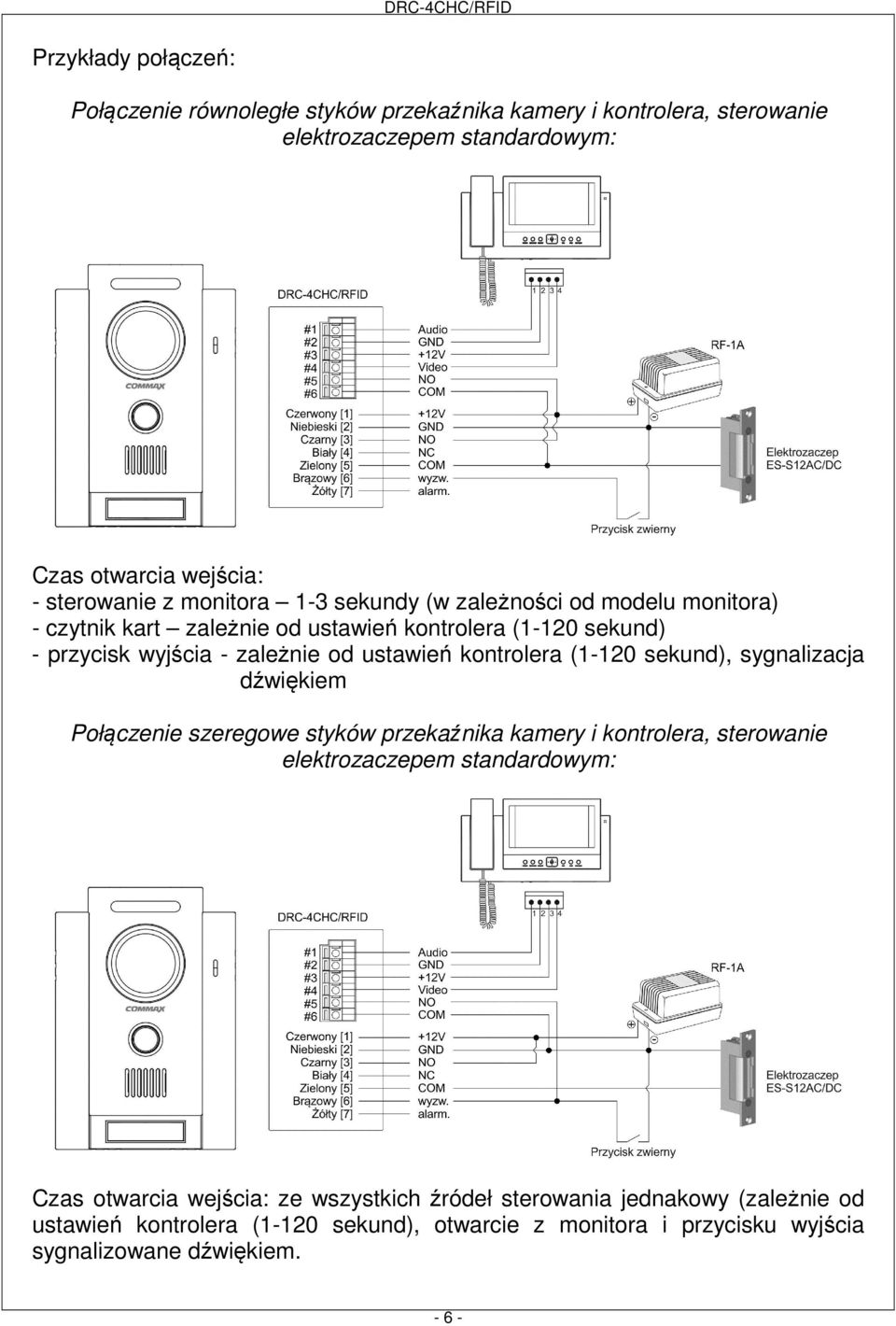 kontrolera (1-120 sekund), sygnalizacja dźwiękiem Połączenie szeregowe styków przekaźnika kamery i kontrolera, sterowanie elektrozaczepem standardowym: Czas