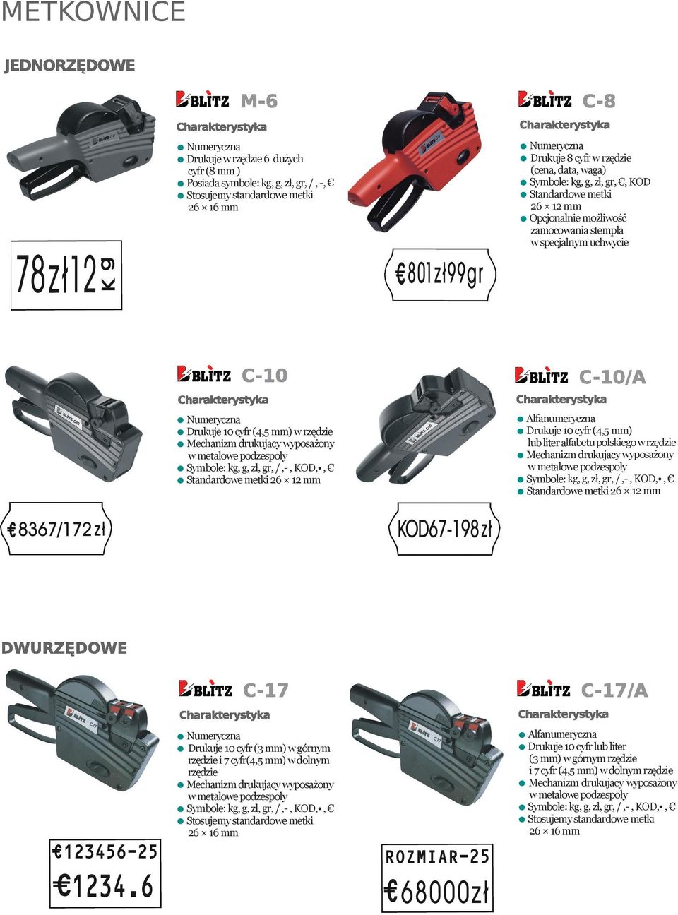 kg, g, zł, gr, /,-, KOD,, Standardowe metki 26 12 mm Alfanumeryczna Drukuje 10 cyfr (4,5 mm) lub liter alfabetu polskiego w rzędzie Mechanizm drukujacy wyposażony w metalowe podzespoły Symbole: kg,