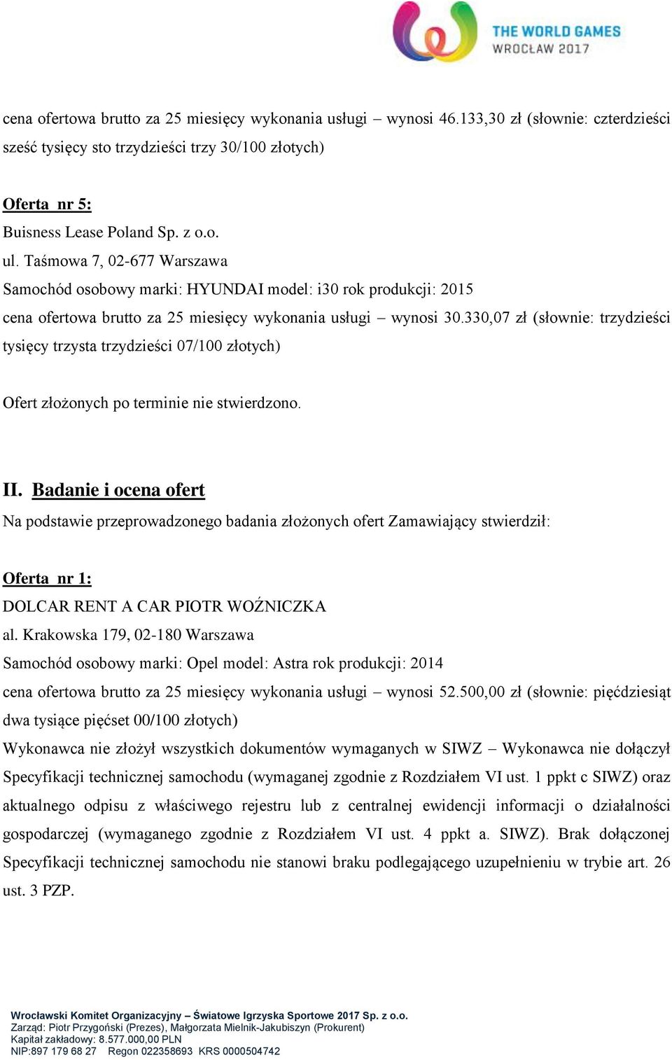 330,07 zł (słownie: trzydzieści tysięcy trzysta trzydzieści 07/100 złotych) Ofert złożonych po terminie nie stwierdzono. II.