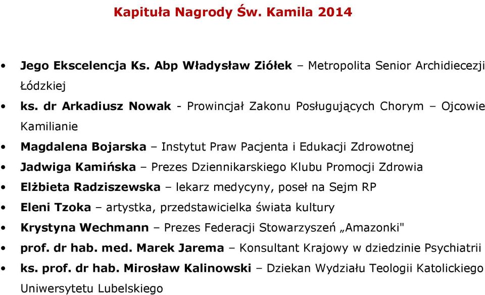 Dziennikarskiego Klubu Promocji Zdrowia Elżbieta Radziszewska lekarz medycyny, poseł na Sejm RP Eleni Tzoka artystka, przedstawicielka świata kultury Krystyna Wechmann