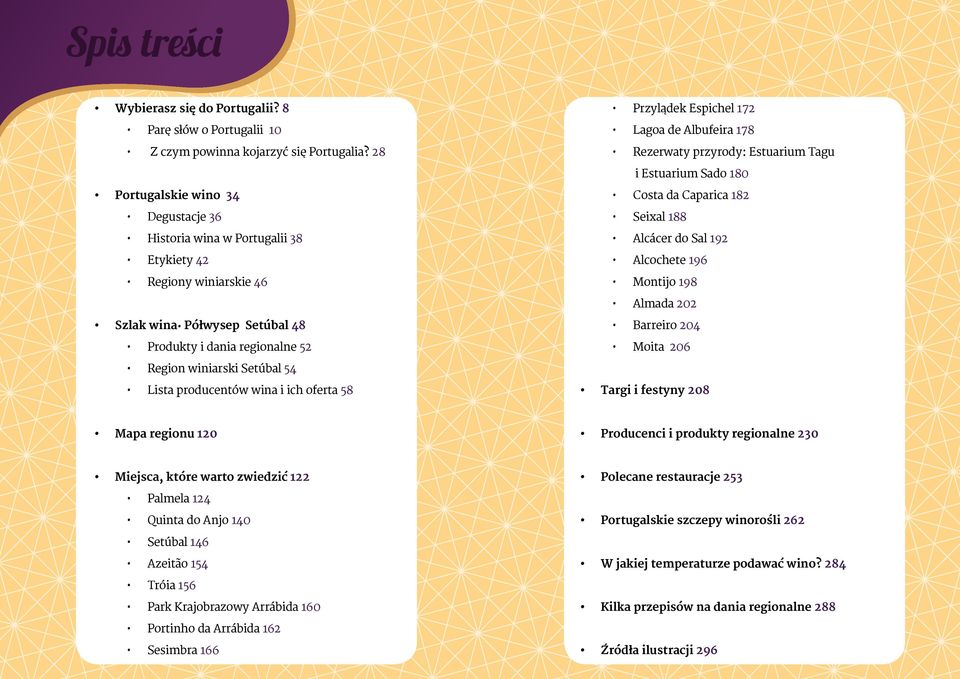 producentów wina i ich oferta 58 Przylądek Espichel 172 Lagoa de Albufeira 178 Rezerwaty przyrody: Estuarium Tagu i Estuarium Sado 180 Costa da Caparica 182 Seixal 188 Alcácer do Sal 192 Alcochete