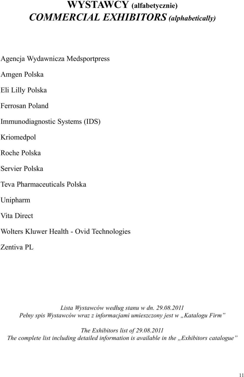 Health - Ovid Technologies Zentiva PL Lista Wystawców według stanu w dn. 29.08.