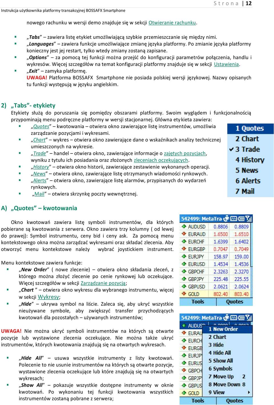 Options za pomocą tej funkcji można przejść do konfiguracji parametrów połączenia, handlu i wykresów. Więcej szczegółów na temat konfiguracji platformy znajduje się w sekcji Ustawienia.