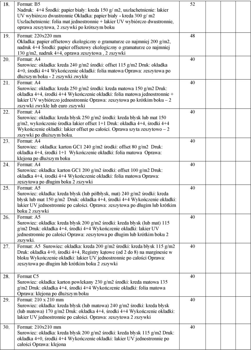 Format: 0x0 mm Okładka: papier offsetowy ekologiczny o gramaturze co najmniej 00 g/m, nadruk 4+4 Środki: papier offsetowy ekologiczny o gramaturze co najmniej 130 g/m, nadruk 4+4, oprawa zeszytowa,