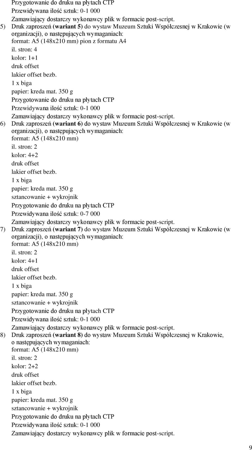 350 g 6) Druk zaproszeń (wariant 6) do wystaw Muzeum Sztuki Współczesnej w Krakowie (w organizacji), o następujących wymaganiach: format: A5 (148x210 mm) il.