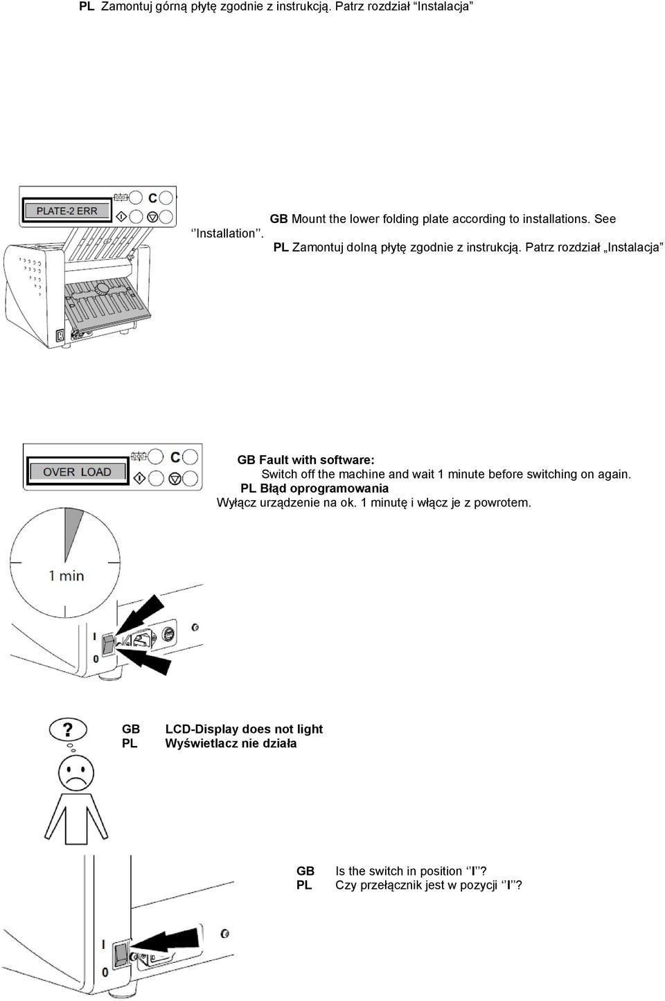 Patrz rozdział Instalacja Fault with software: Switch off the machine and wait 1 minute before switching on again.