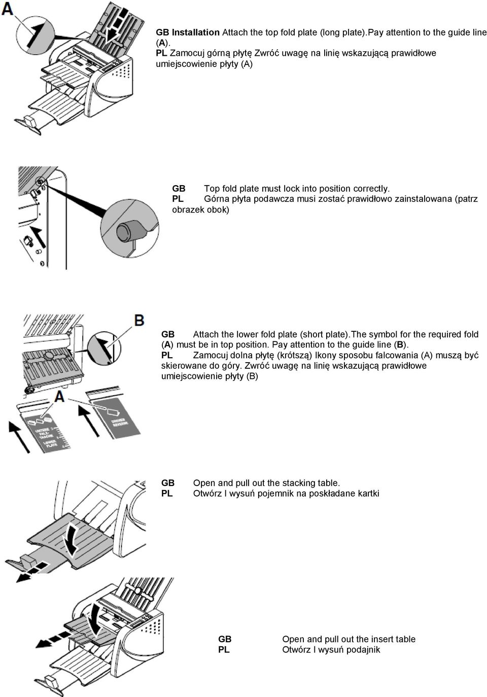 Górna płyta podawcza musi zostać prawidłowo zainstalowana (patrz obrazek obok) Attach the lower fold plate (short plate).the symbol for the required fold (A) must be in top position.