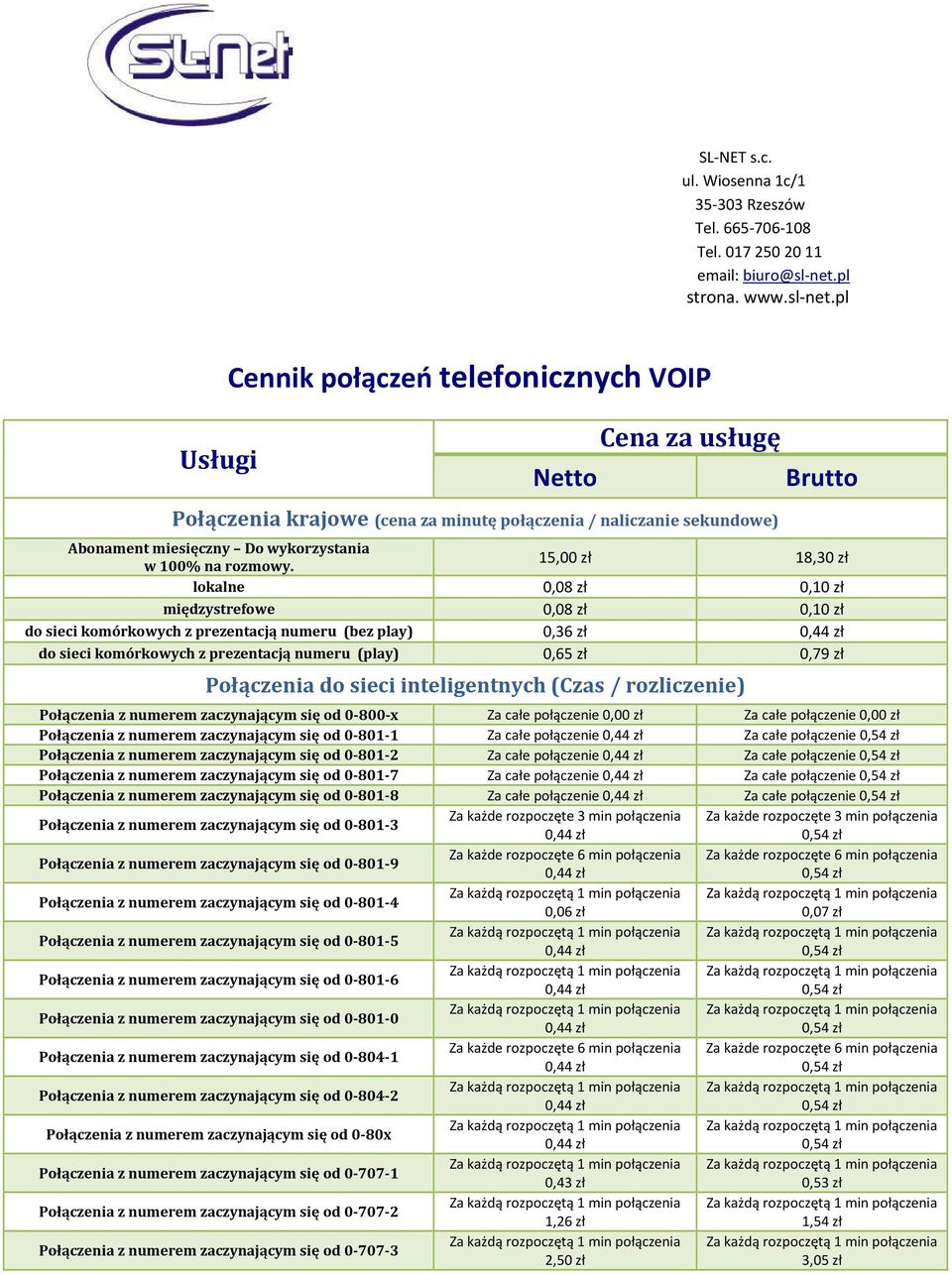 pl Cennik połączeń telefonicznych VOIP Usługi Netto Cena za usługę Brutto Połączenia krajowe (cena za minutę połączenia / naliczanie sekundowe) Abonament miesięczny Do wykorzystania w 100% na rozmowy.