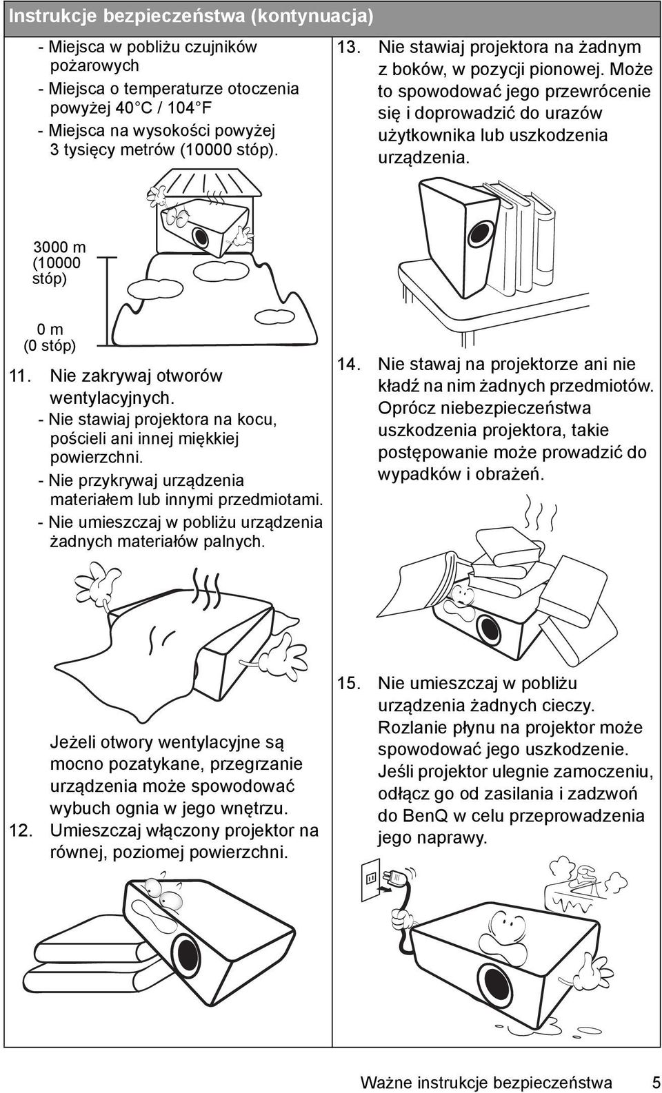 3000 m (10000 stóp) 0 m (0 stóp) 11. Nie zakrywaj otworów wentylacyjnych. - Nie stawiaj projektora na kocu, pościeli ani innej miękkiej powierzchni.