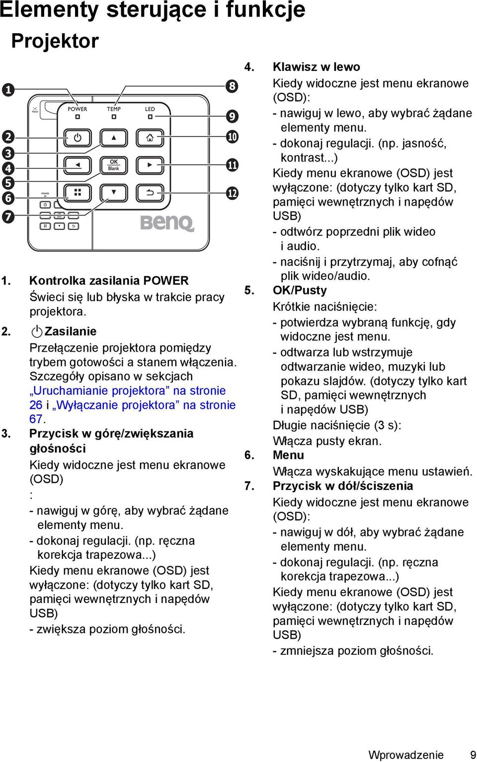 Przycisk w górę/zwiększania głośności Kiedy widoczne jest menu ekranowe (OSD) : - nawiguj w górę, aby wybrać żądane elementy menu. - dokonaj regulacji. (np. ręczna korekcja trapezowa.