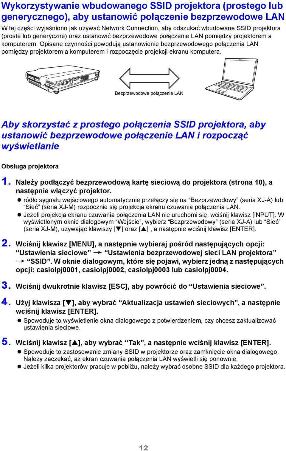 Opisane czynności powodują ustanowienie bezprzewodowego połączenia LAN pomiędzy projektorem a komputerem i rozpoczęcie projekcji ekranu komputera.