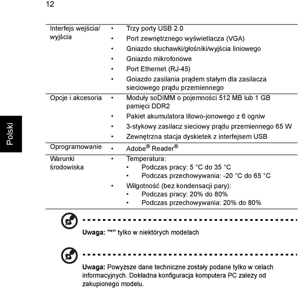 przemiennego Opcje i akcesoria Moduły sodimm o pojemności 512 MB lub 1 GB pamięci DDR2 Pakiet akumulatora litowo-jonowego z 6 ogniw 3-stykowy zasilacz sieciowy prądu przemiennego 65 W Zewnętrzna