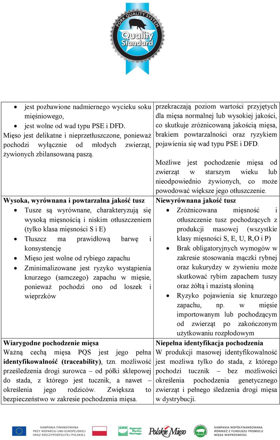 Wysoka, wyrównana i powtarzalna jakość tusz Tusze są wyrównane, charakteryzują się wysoką mięsnością i niskim otłuszczeniem (tylko klasa mięsności S i E) Tłuszcz ma prawidłową barwę i konsystencję