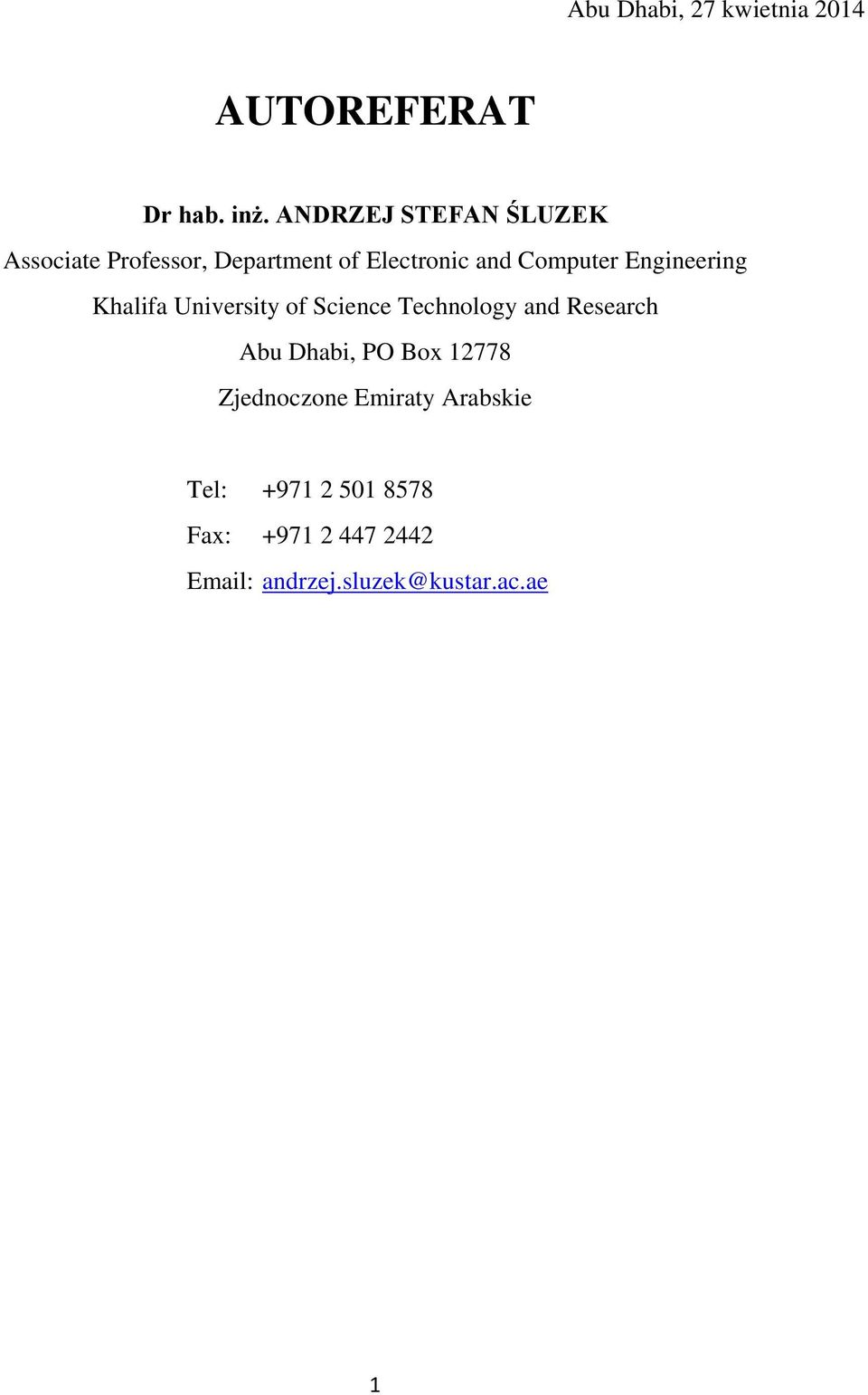 Engineering Khalifa University of Science Technology and Research Abu Dhabi, PO