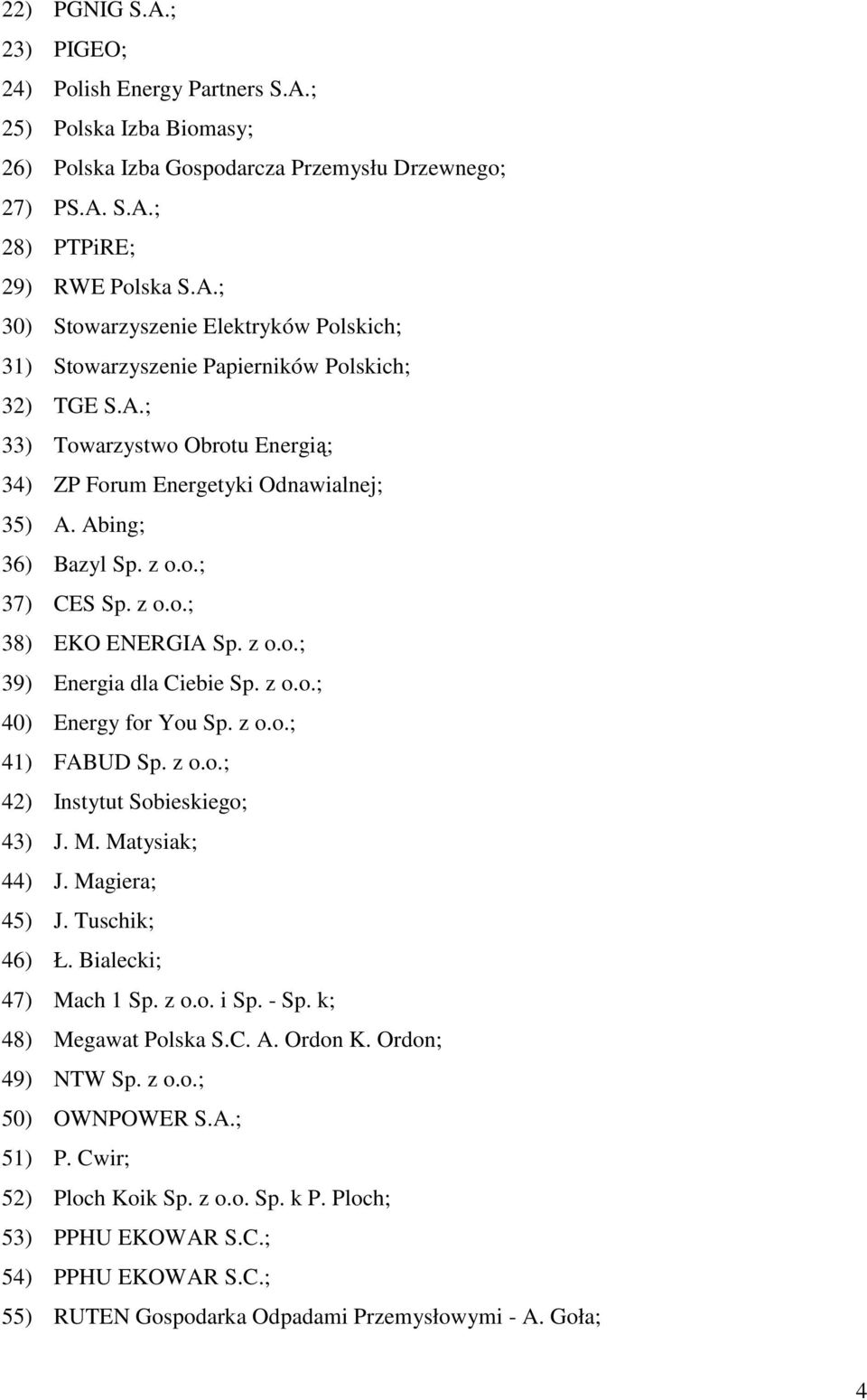 z o.o.; 41) FABUD Sp. z o.o.; 42) Instytut Sobieskiego; 43) J. M. Matysiak; 44) J. Magiera; 45) J. Tuschik; 46) Ł. Bialecki; 47) Mach 1 Sp. z o.o. i Sp. - Sp. k; 48) Megawat Polska S.C. A. Ordon K.