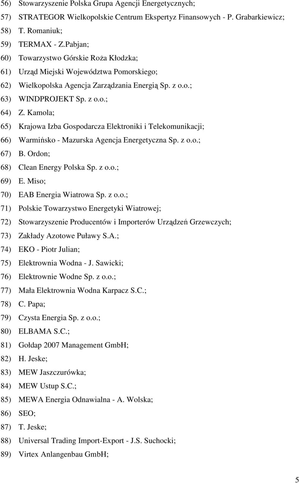 Kamola; 65) Krajowa Izba Gospodarcza Elektroniki i Telekomunikacji; 66) Warmińsko - Mazurska Agencja Energetyczna Sp. z o.o.; 67) B. Ordon; 68) Clean Energy Polska Sp. z o.o.; 69) E.