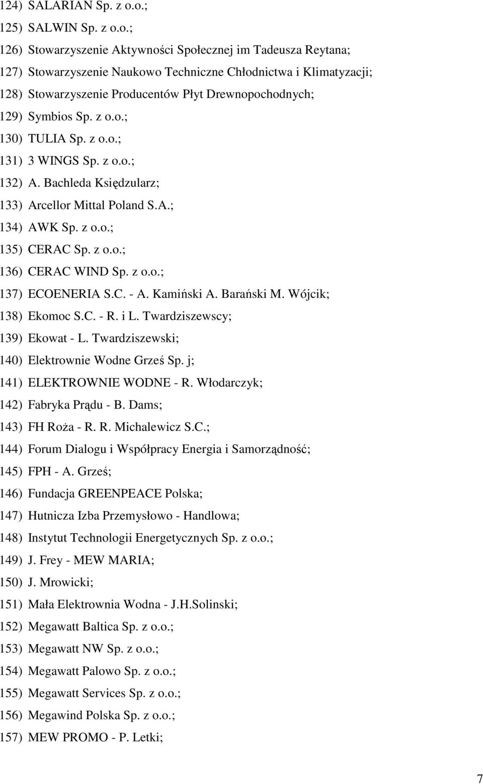Drewnopochodnych; 129) Symbios Sp. z o.o.; 130) TULIA Sp. z o.o.; 131) 3 WINGS Sp. z o.o.; 132) A. Bachleda Księdzularz; 133) Arcellor Mittal Poland S.A.; 134) AWK Sp. z o.o.; 135) CERAC Sp. z o.o.; 136) CERAC WIND Sp.