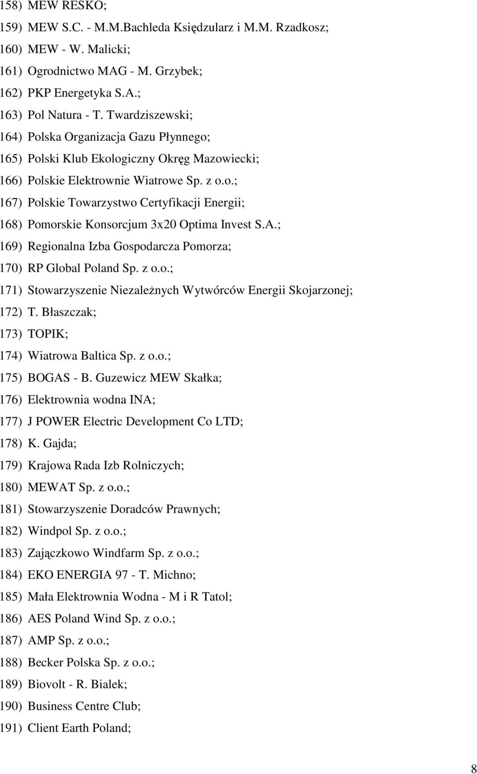 A.; 169) Regionalna Izba Gospodarcza Pomorza; 170) RP Global Poland Sp. z o.o.; 171) Stowarzyszenie Niezależnych Wytwórców Energii Skojarzonej; 172) T. Błaszczak; 173) TOPIK; 174) Wiatrowa Baltica Sp.