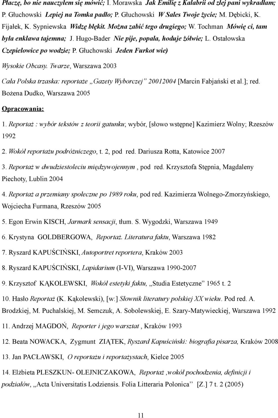 Głuchowski Jeden Furkot wie) Wysokie Obcasy. Twarze, Warszawa 2003 Cała Polska trzaska: reportaże Gazety Wyborczej 20012004 [Marcin Fabjański et al.]; red. Bożena Dudko, Warszawa 2005 Opracowania: 1.