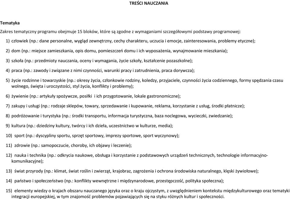 : miejsce zamieszkania, opis domu, pomieszczeń domu i ich wyposażenia, wynajmowanie mieszkania); 3) szkoła (np.