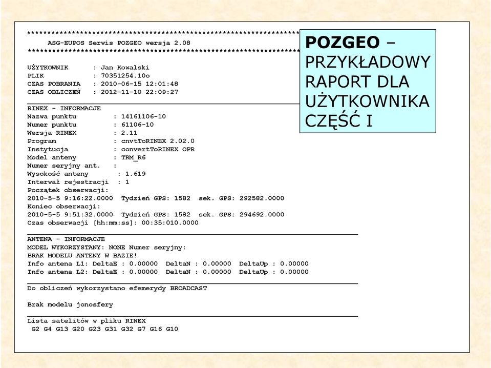 10o CZAS POBRANIA : 2010-06-15 12:01:48 CZAS OBLICZEŃ : 2012-11-10 22:09:27 RINEX - INFORMACJE Nazwa punktu : 14161106-10 Numer punktu : 61106-10 Wersja RINEX : 2.11 Program : cnvttorinex 2.02.