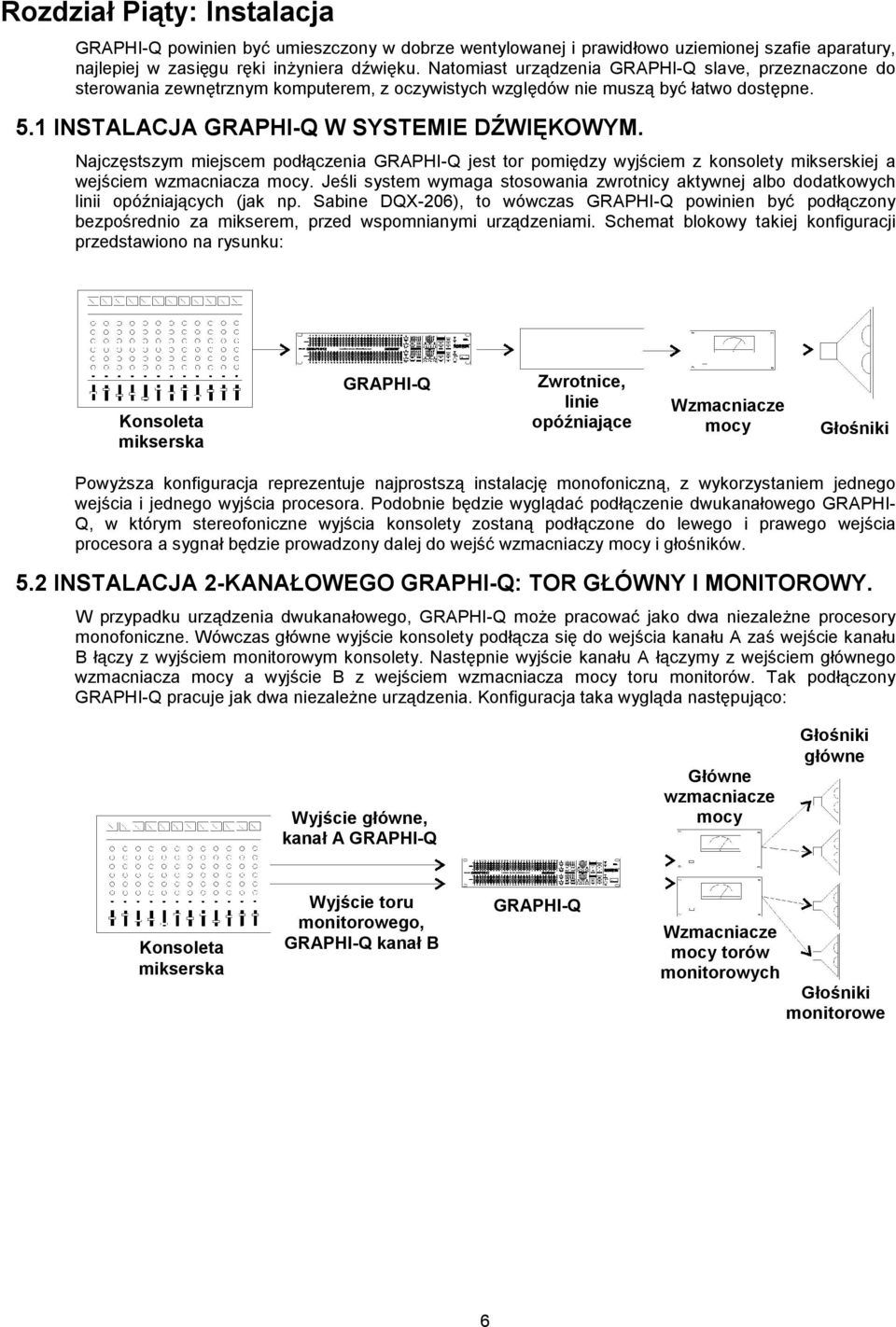 Najczęstszym miejscem podłączenia GRAPHI-Q jest tor pomiędzy wyjściem z konsolety mikserskiej a wejściem wzmacniacza mocy.