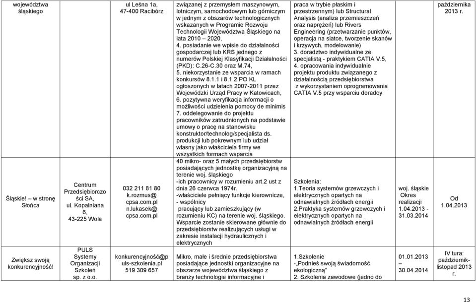 pl 519 309 657 związanej z przemysłem maszynowym, lotniczym, samochodowym lub górniczym w jednym z obszarów technologicznych wskazanych w Programie Rozwoju Technologii Województwa Śląskiego na lata