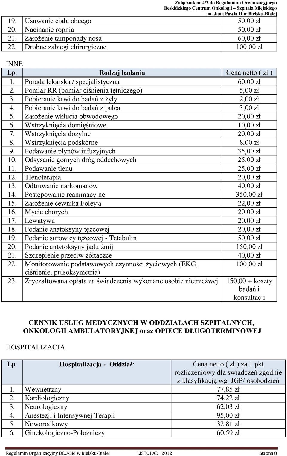 Wstrzyknięcia domięśniowe 10,00 zł 7. Wstrzyknięcia dożylne 20,00 zł 8. Wstrzyknięcia podskórne 8,00 zł 9. Podawanie płynów infuzyjnych 35,00 zł 10. Odsysanie górnych dróg oddechowych 25,00 zł 11.