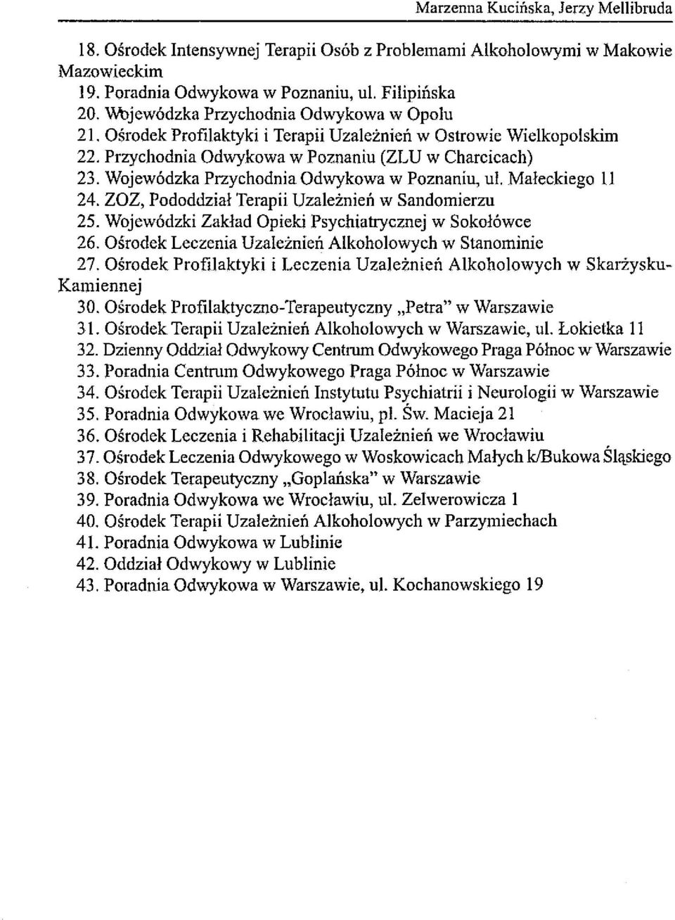 Wojewódzka Przychodnia Odwykowa w Poznaniu, ul. Małeckiego II 24. ZOZ, Pododdział Terapii Uzależnień w Sandomierzu 25. Wojewódzki Zakład Opieki Psychiatrycznej w Sokołówce 26.