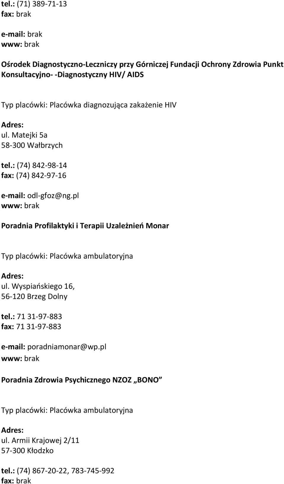 : (74) 842-98-14 fax: (74) 842-97-16 e-mail: odl-gfoz@ng.pl Poradnia Profilaktyki i Terapii Uzależnień Monar ul.