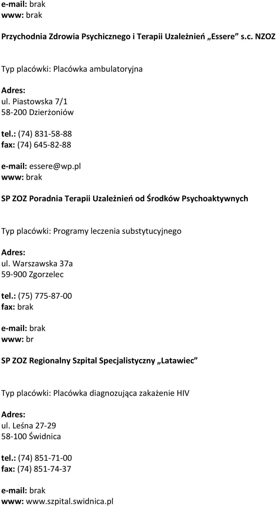 pl SP ZOZ Poradnia Terapii Uzależnień od Środków Psychoaktywnych Typ placówki: Programy leczenia substytucyjnego ul.