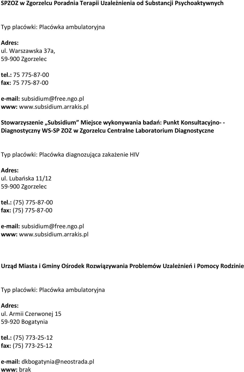 pl Stowarzyszenie Subsidium Miejsce wykonywania badań: Punkt Konsultacyjno- - Diagnostyczny WS-SP ZOZ w Zgorzelcu Centralne Laboratorium Diagnostyczne Typ placówki: Placówka