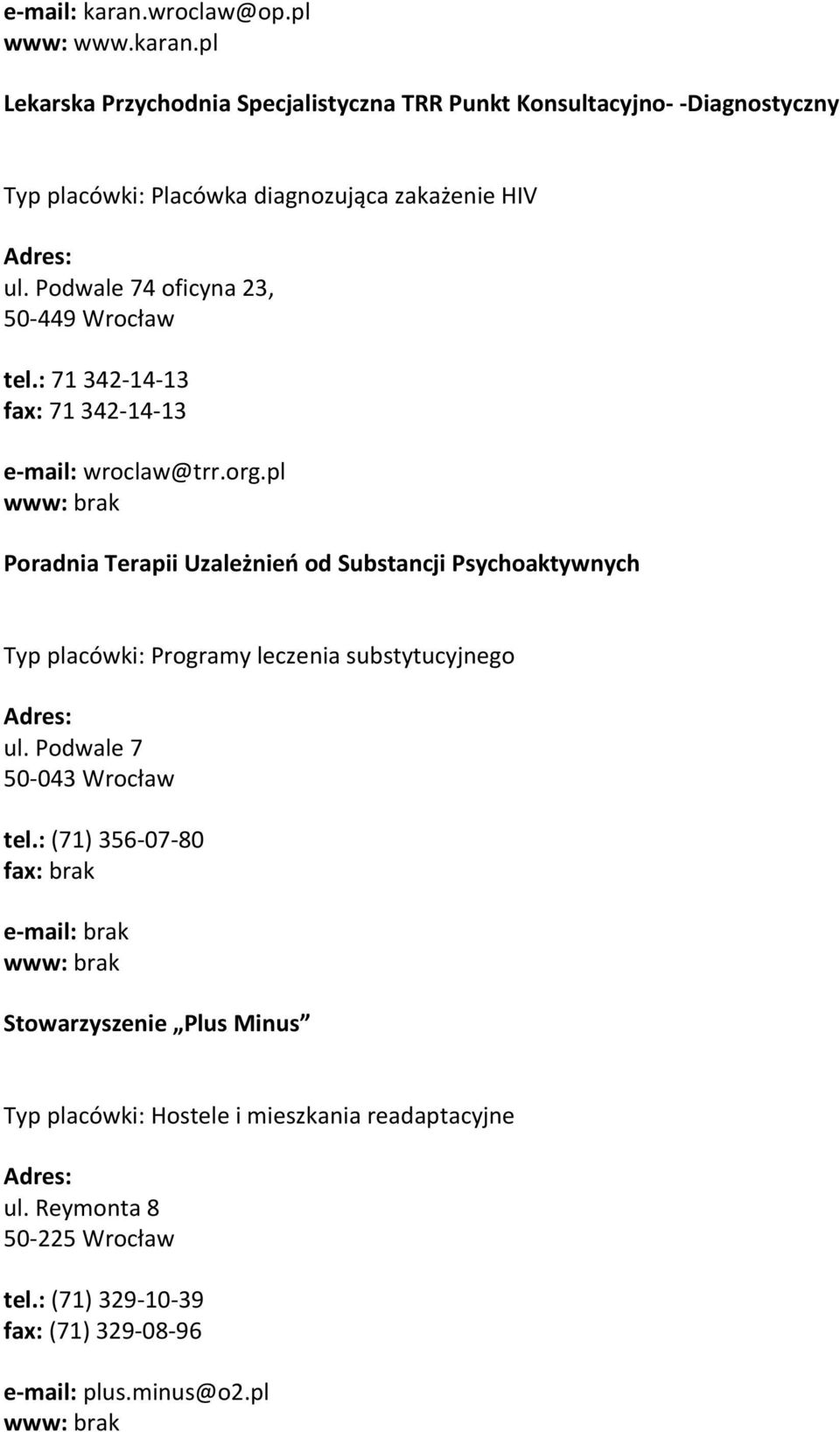 pl Poradnia Terapii Uzależnień od Substancji Psychoaktywnych Typ placówki: Programy leczenia substytucyjnego ul. Podwale 7 50-043 Wrocław tel.