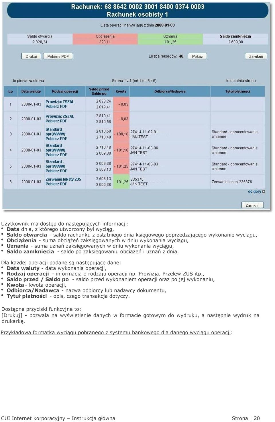 Dla każdej operacji podane są następujące dane: Data waluty - data wykonania operacji, Rodzaj operacji - informacja o rodzaju operacji np. Prowizja, Przelew ZUS itp.