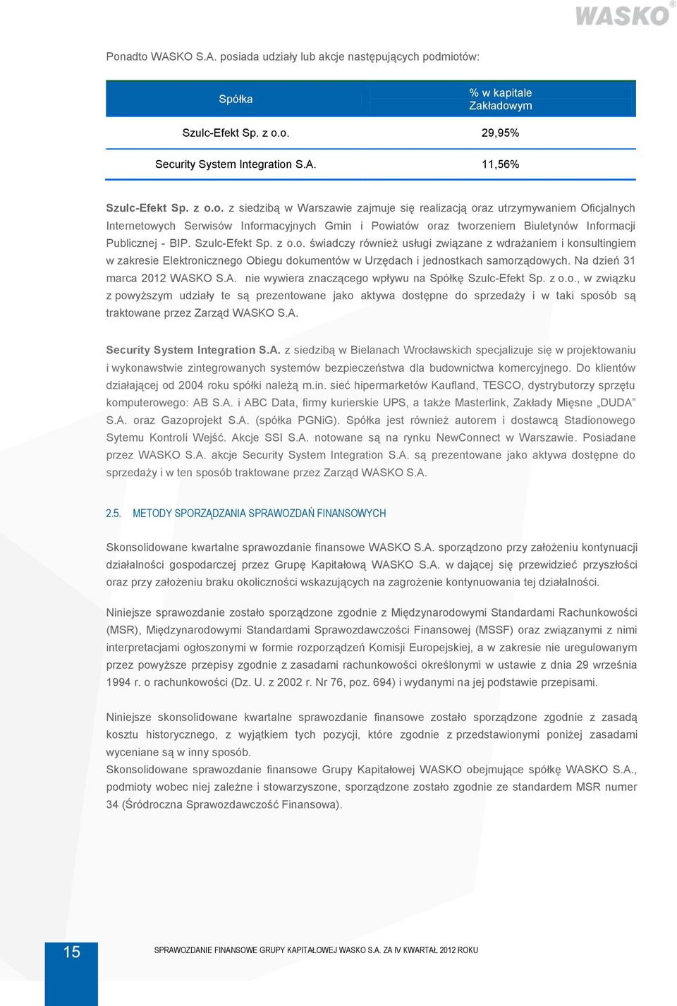 Na dzień 31 marca 2012 WASKO S.A. nie wywiera znaczącego wpływu na Spółkę Szulc-Efekt Sp. z o.o., w związku z powyższym udziały te są prezentowane jako aktywa dostępne do sprzedaży i w taki sposób są traktowane przez Zarząd WASKO S.