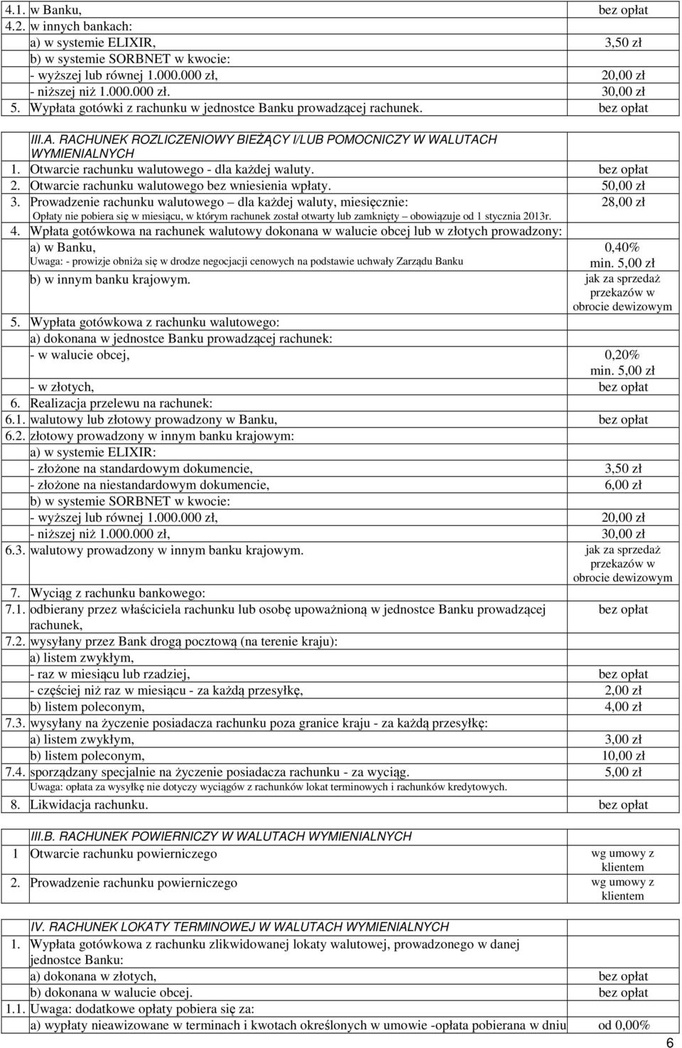 Otwarcie rachunku walutowego - dla każdej waluty. bez opłat 2. Otwarcie rachunku walutowego bez wniesienia wpłaty. 50,00 zł 3.