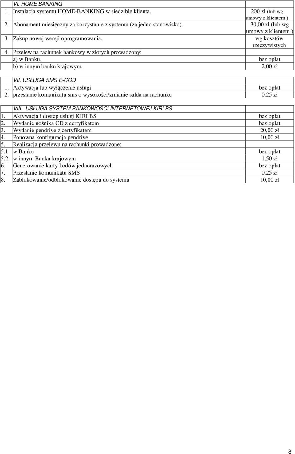 2,00 zł VII. USŁUGA SMS E-COD 1. Aktywacja lub wyłączenie usługi bez opłat 2. przesłanie komunikatu sms o wysokości/zmianie salda na rachunku 0,25 zł VIII.