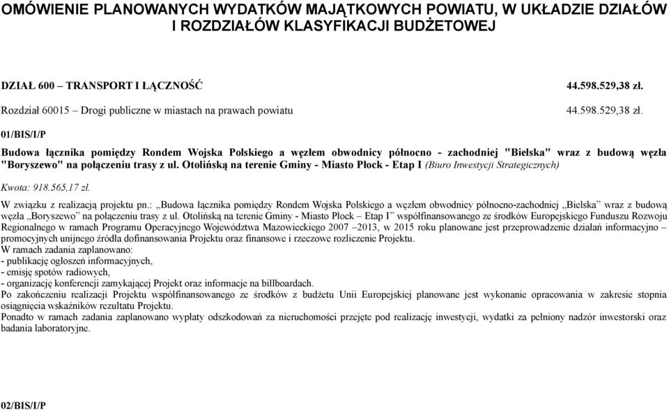 Otolińską na terenie Gminy - Miasto Płock - Etap I (Biuro Inwestycji Strategicznych) Kwota: 918.565,17 zł. W związku z realizacją projektu pn.