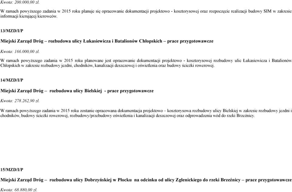 13/MZD/I/P Miejski Zarząd Dróg rozbudowa ulicy Łukasiewicza i Batalionów Chłopskich prace przygotowawcze Kwota: 166.000,00 zł.