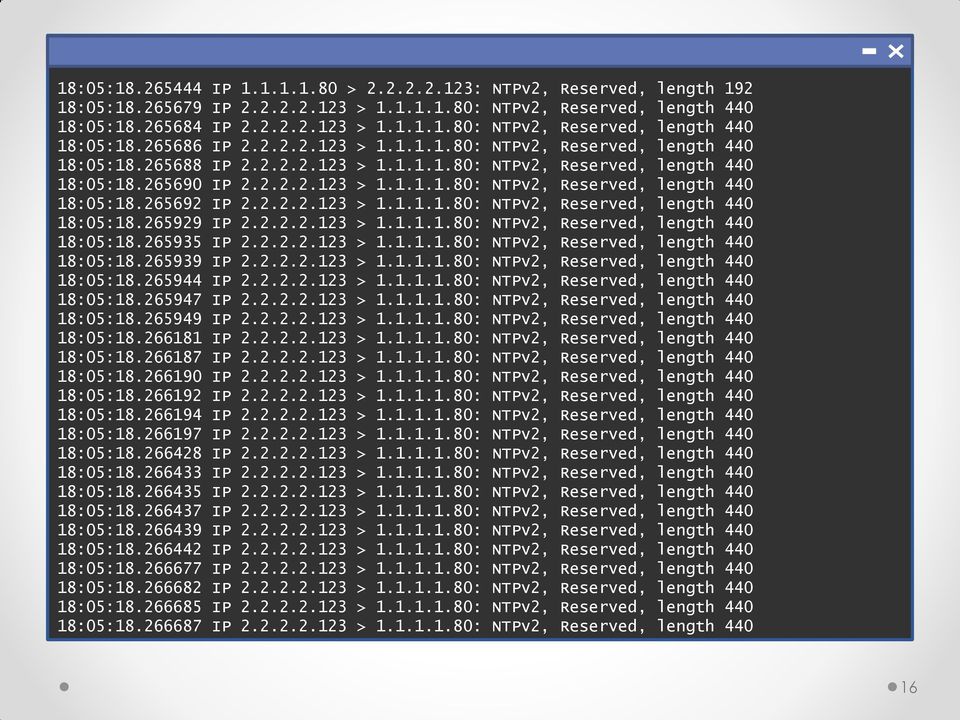 2.2.2.123 > 1.1.1.1.80: NTPv2, Reserved, length 440 18:05:18.265929 IP 2.2.2.2.123 > 1.1.1.1.80: NTPv2, Reserved, length 440 18:05:18.265935 IP 2.2.2.2.123 > 1.1.1.1.80: NTPv2, Reserved, length 440 18:05:18.265939 IP 2.