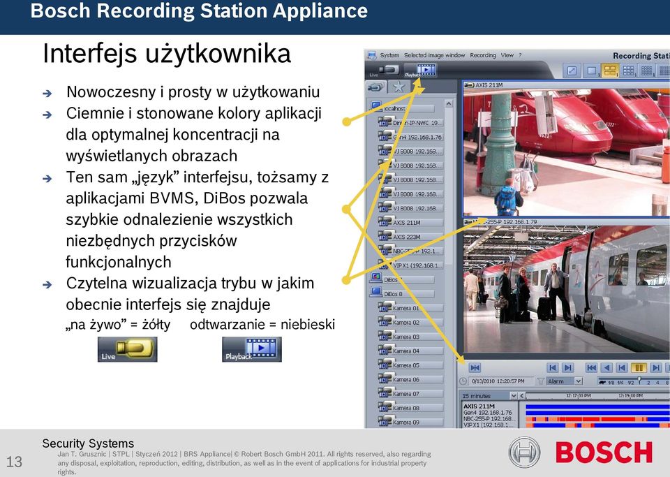 jakim obecnie interfejs się znajduje na żywo = żółty odtwarzanie = niebieski 13 Jan T. Grusznic STPL Styczeń 2012 BRS Appliance Robert Bosch GmbH 2011.