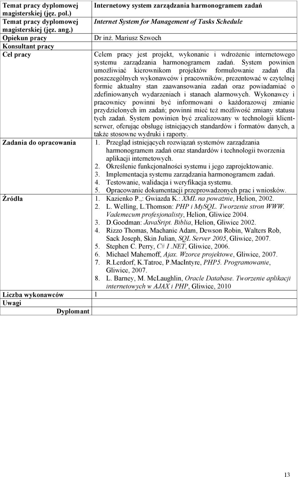 System powinien umożliwiać kierownikom projektów formułowanie zadań dla poszczególnych wykonawców i pracowników, prezentować w czytelnej formie aktualny stan zaawansowania zadań oraz powiadamiać o