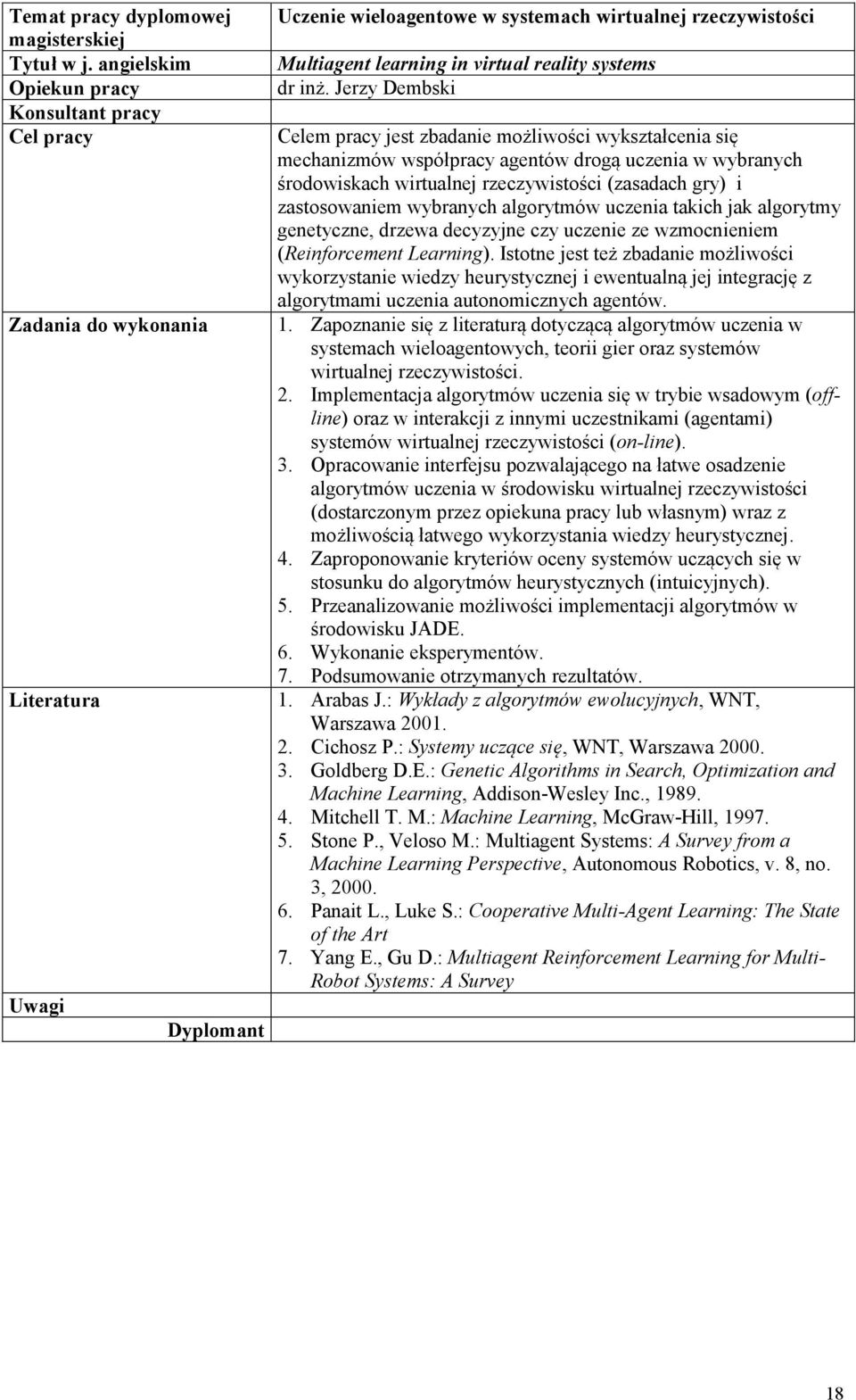 wybranych algorytmów uczenia takich jak algorytmy genetyczne, drzewa decyzyjne czy uczenie ze wzmocnieniem (Reinforcement Learning).