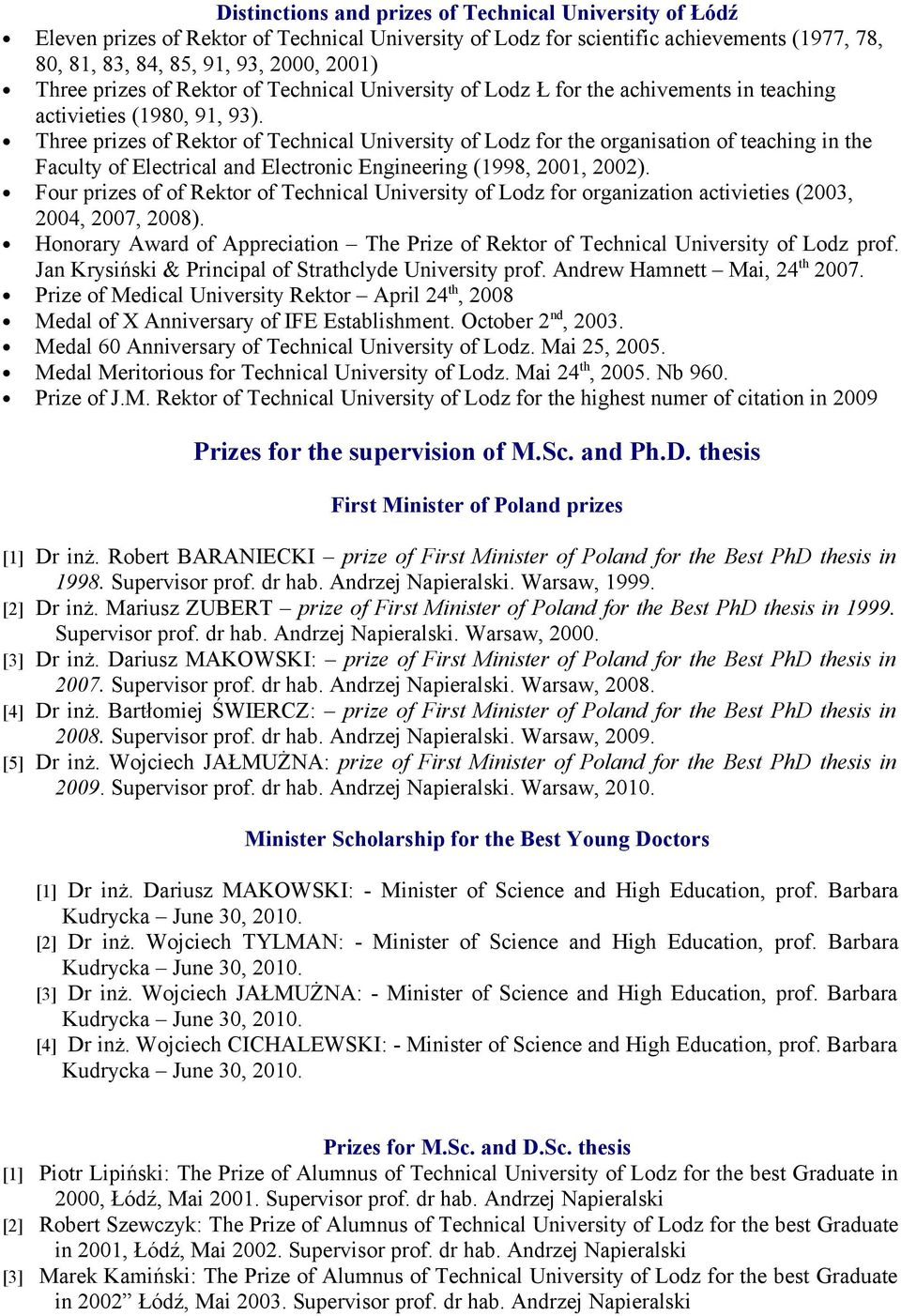 Three prizes of Rektor of Technical University of Lodz for the organisation of teaching in the Faculty of Electrical and Electronic Engineering (1998, 2001, 2002).