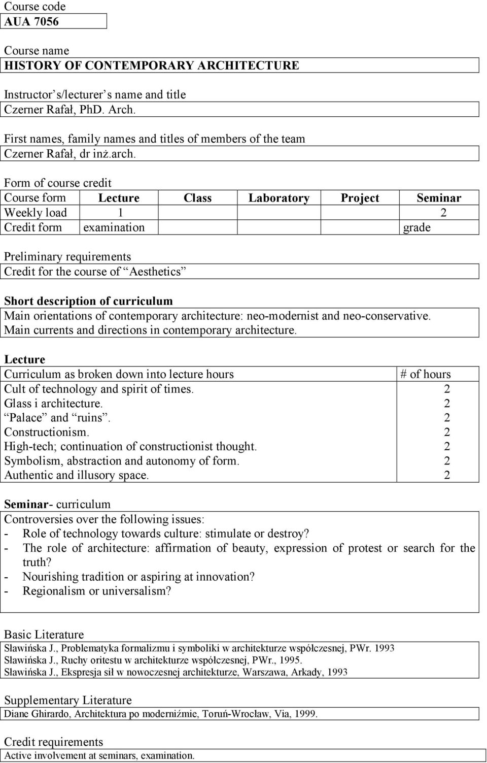 Form of course credit Course form Lecture Class Laboratory Project Seminar Weekly load Credit form examination grade Preliminary requirements Credit for the course of Aesthetics Short description of