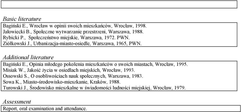 , Opinia młodego pokolenia mieszkańców o swoich miastach, Wrocław, 995. Misiak W., Jakość Ŝycia w osiedlach miejskich, Wrocław, 993. Ossowski S.