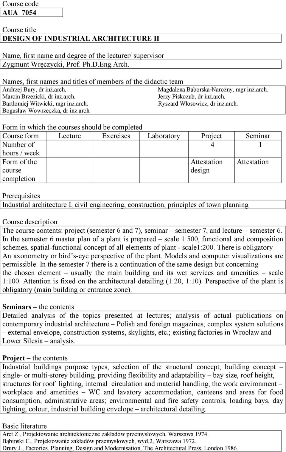 arch. Jerzy Piskozub, dr inŝ.arch. Ryszard Włosowicz, dr inŝ.arch. Form in which the courses should be completed Course form Lecture Exercises Laboratory Project Seminar 4 hours / week Form of the